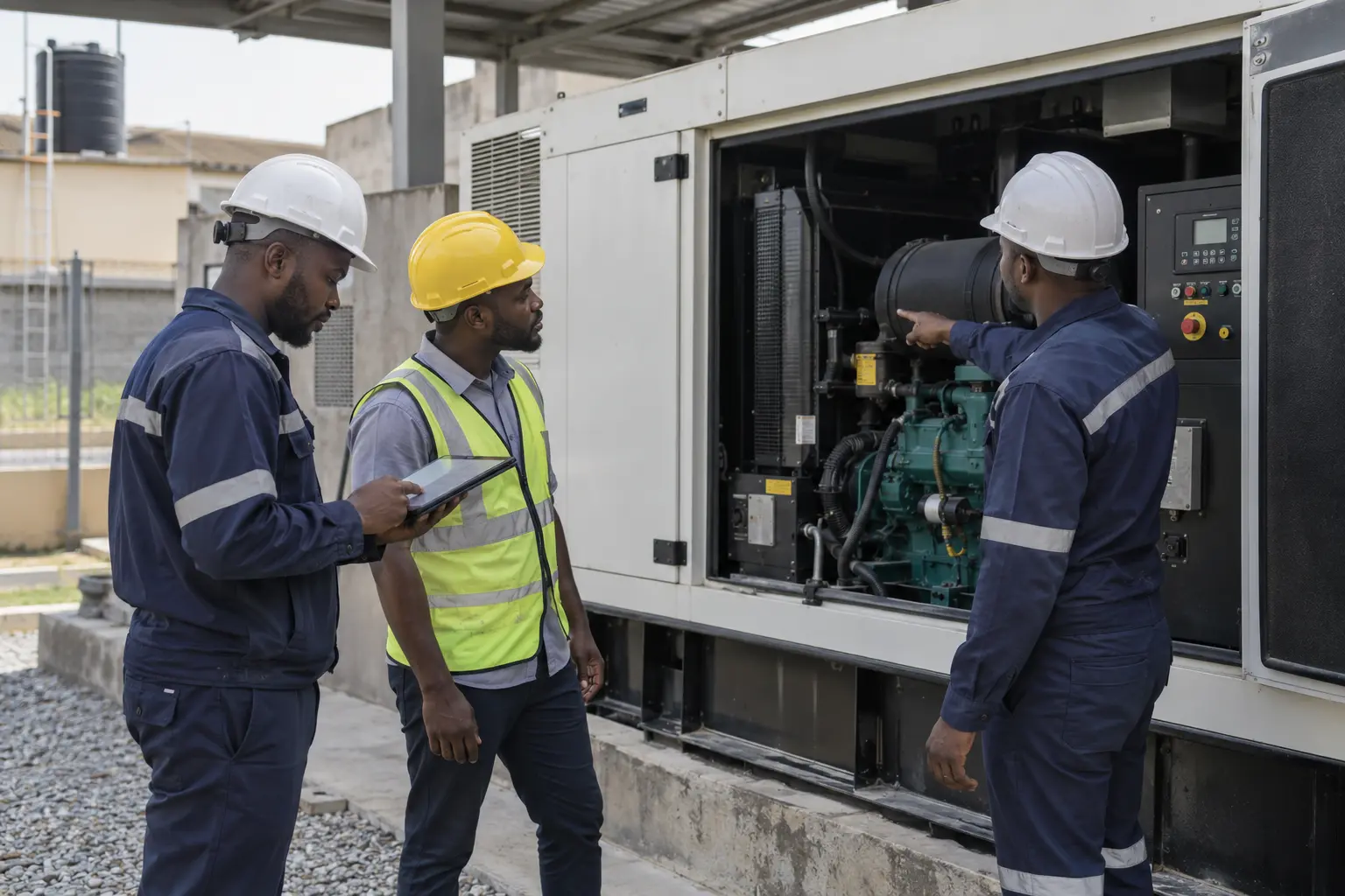 Power engineers reviewing equipment at a generator installation
