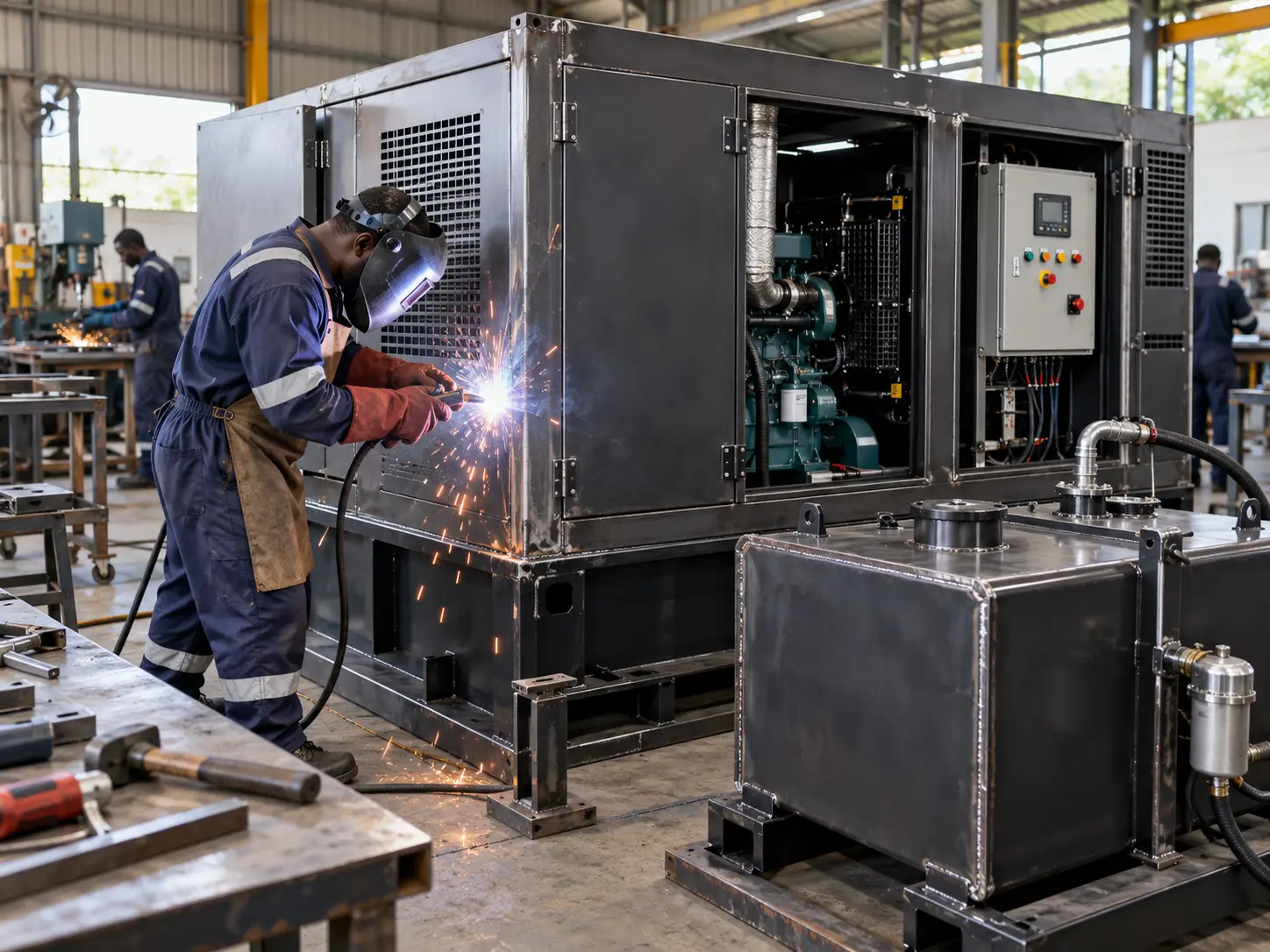 Technician fabricating a soundproof generator enclosure
