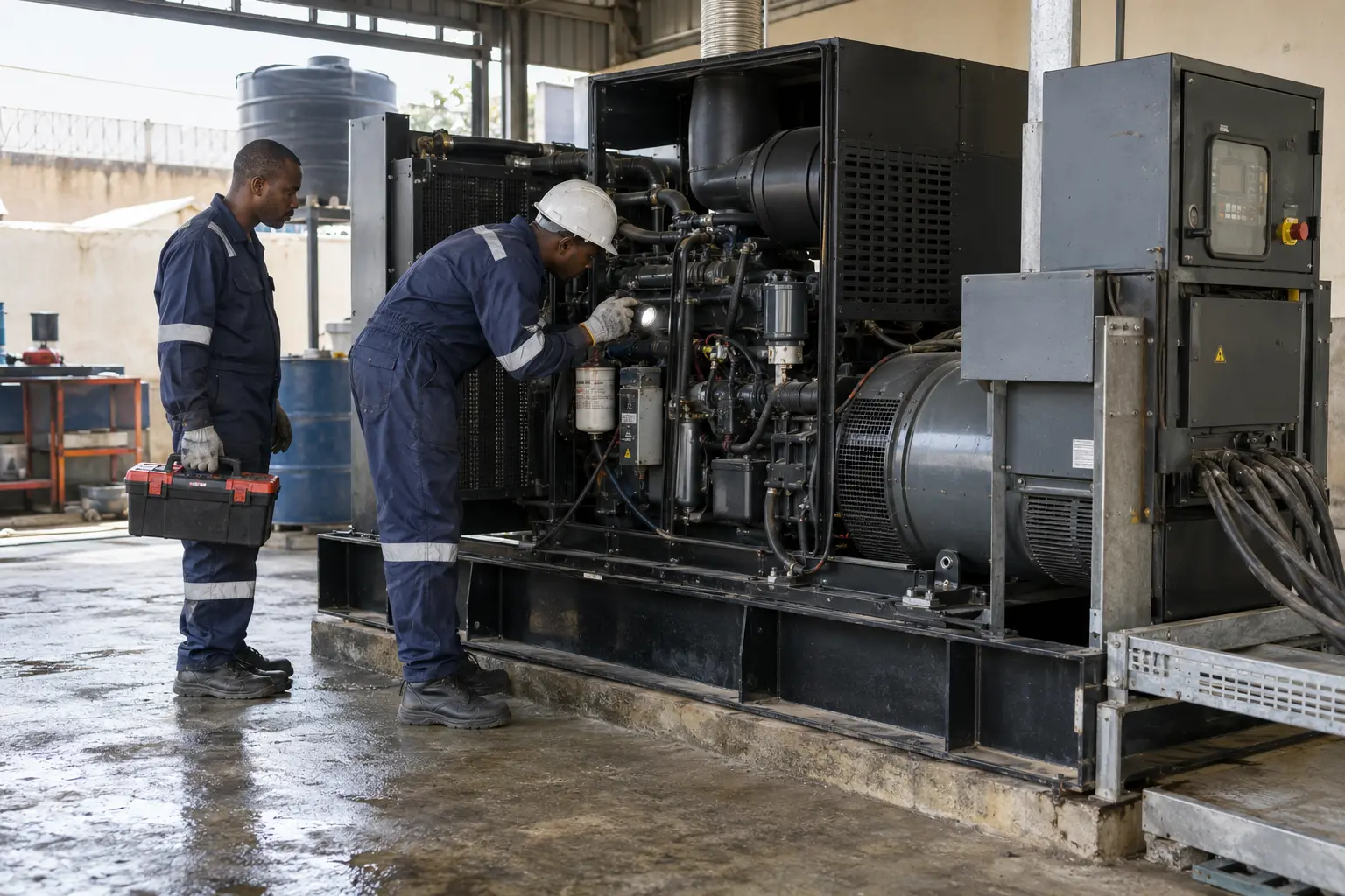 Power systems technician carrying out generator maintenance